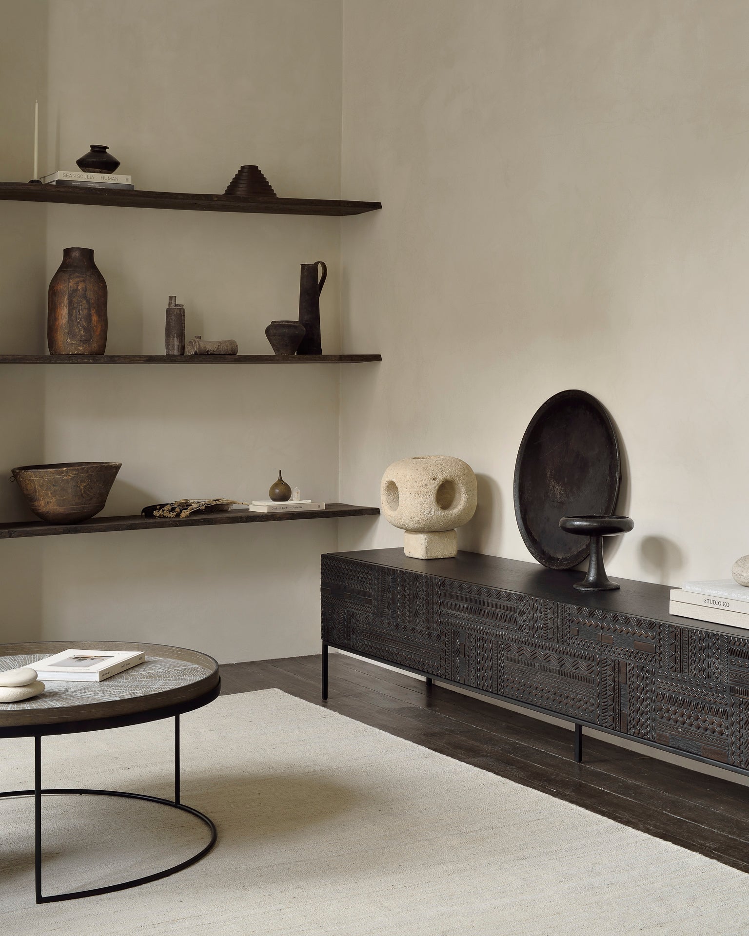 Tabwa TV cupboard - varnished teak - off black - 1 flip - down door - 2 drawers White Cliff Studio Media Console