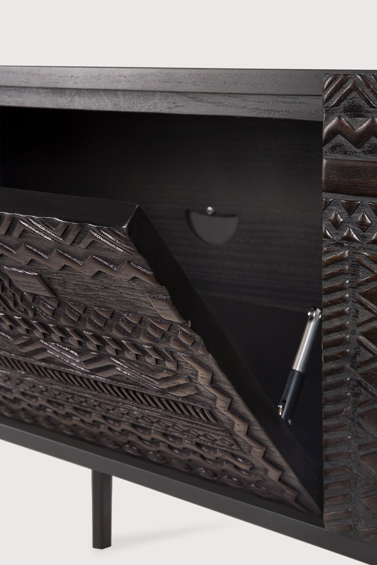 Tabwa TV cupboard - varnished teak - off black - 1 flip - down door - 2 drawers White Cliff Studio Media Console