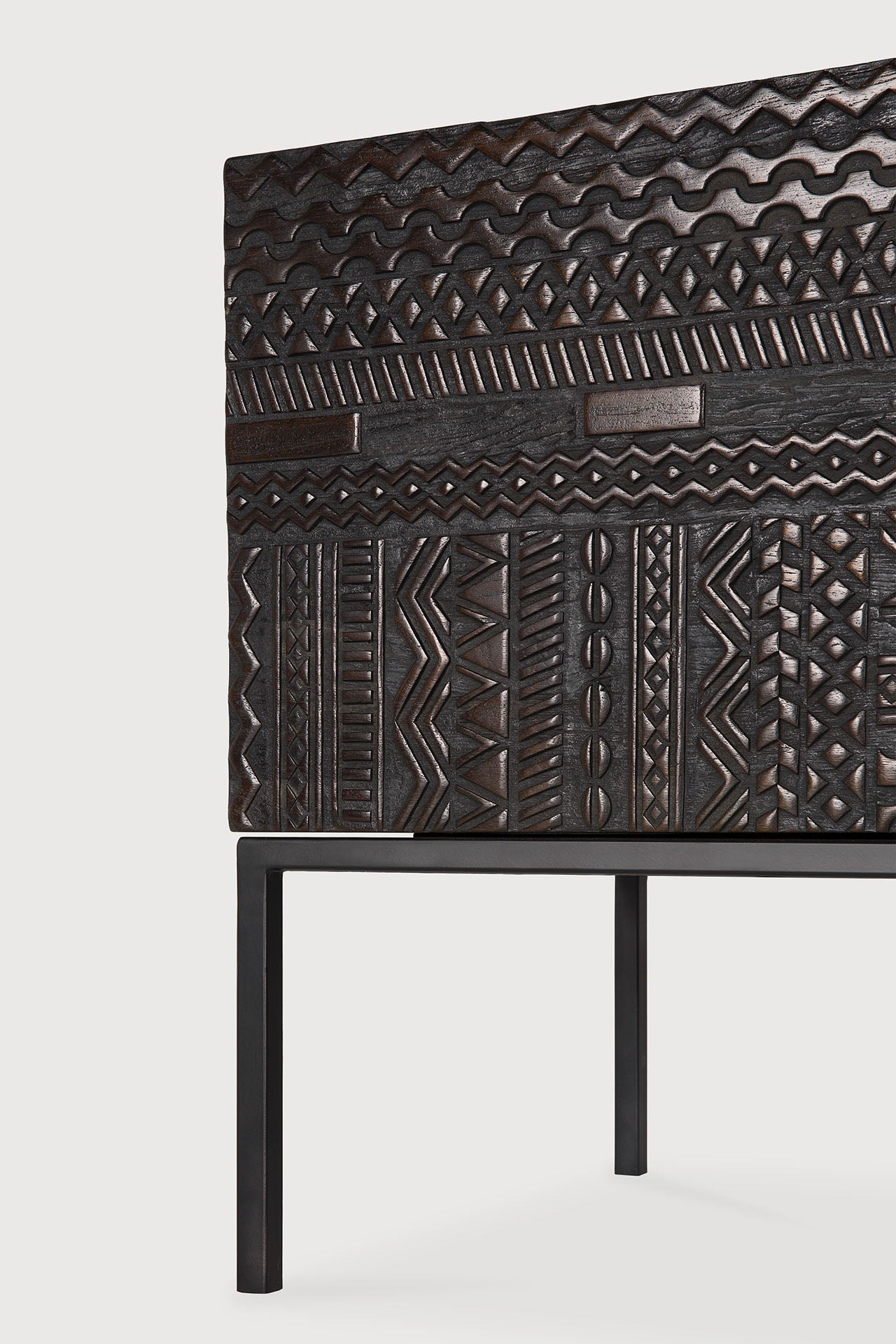 Tabwa TV cupboard - varnished teak - off black - 1 flip - down door - 2 drawers White Cliff Studio Media Console