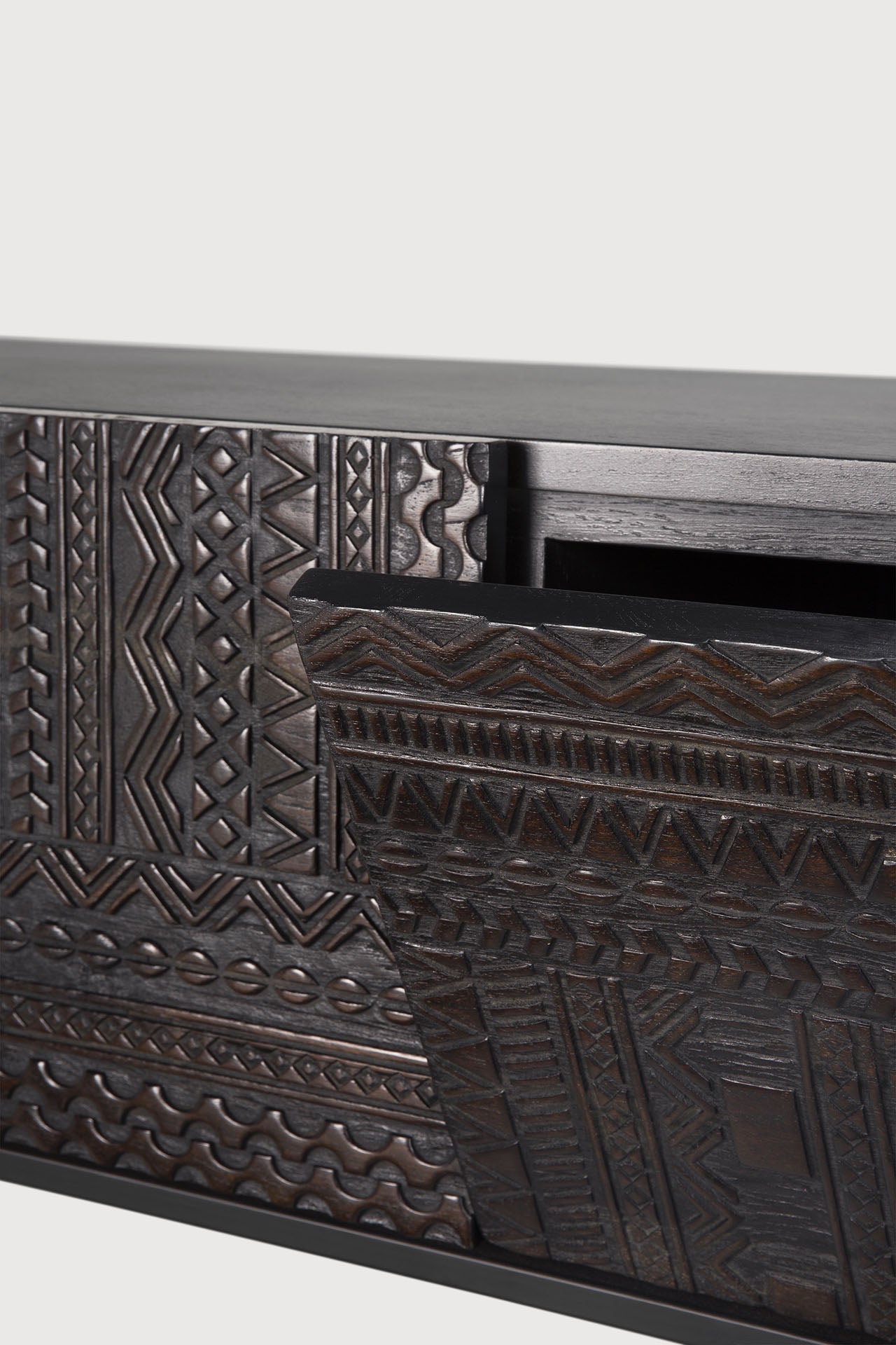 Tabwa TV cupboard - varnished teak - off black - 1 flip - down door - 2 drawers White Cliff Studio Media Console