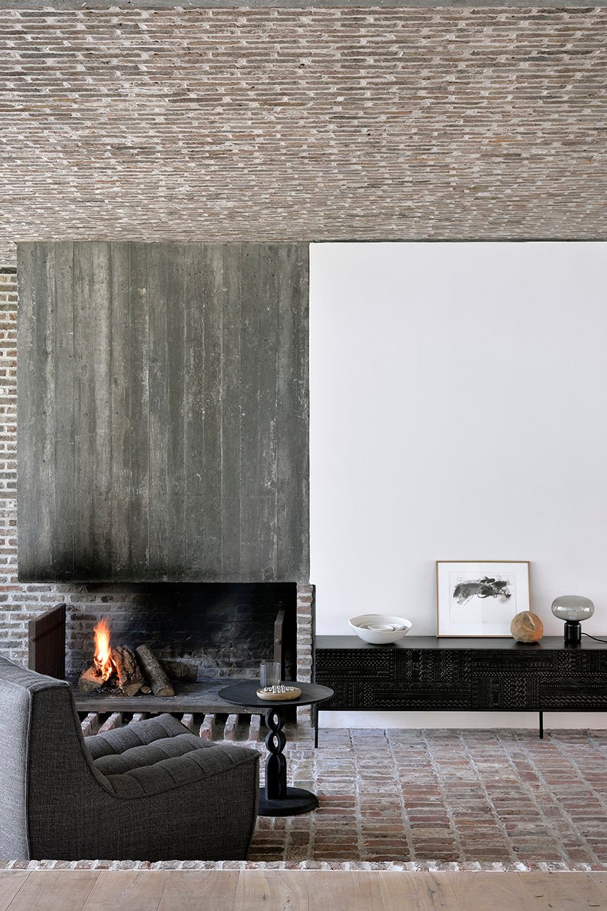 Tabwa TV cupboard - varnished teak - off black - 1 flip - down door - 2 drawers White Cliff Studio Media Console