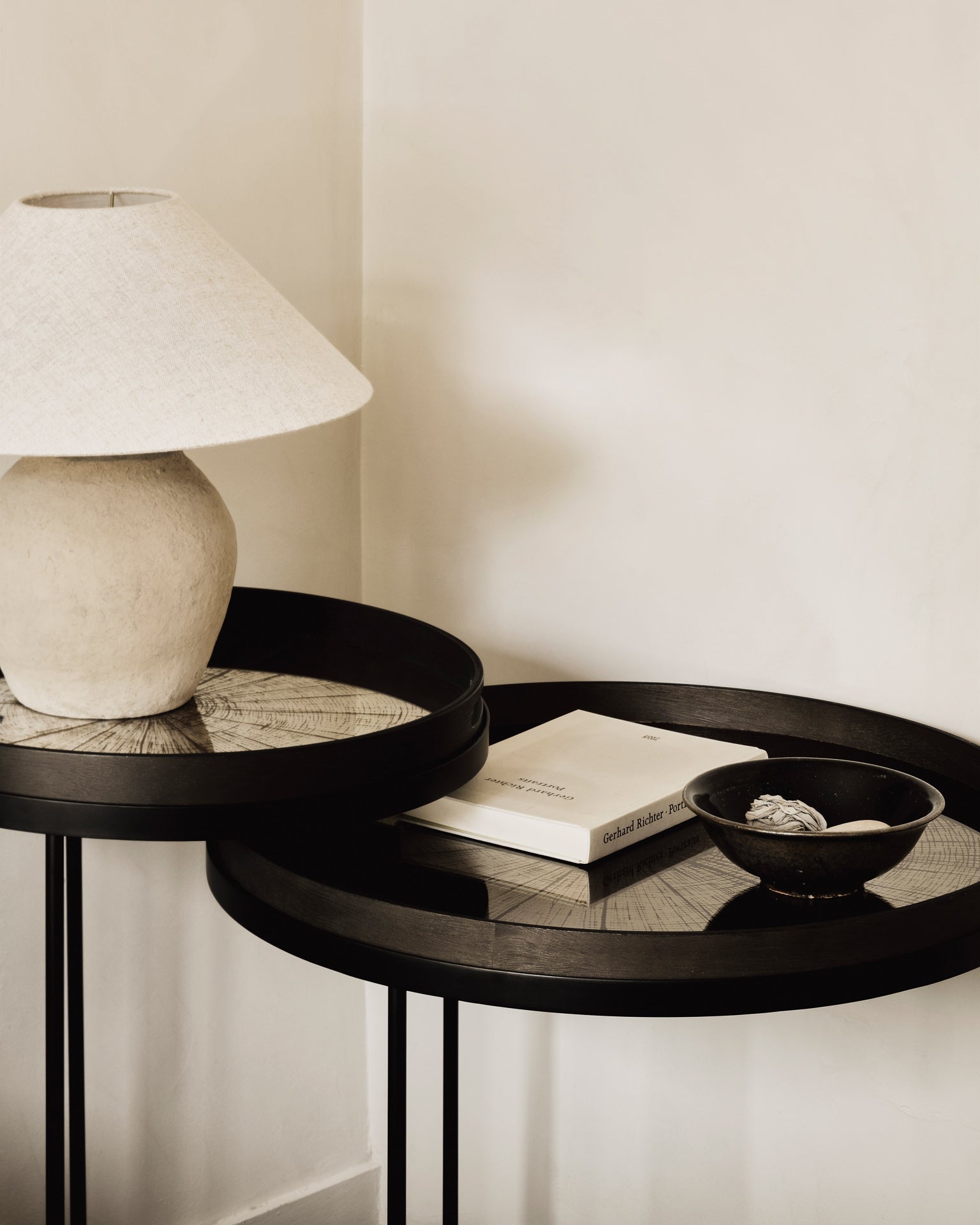 Tray side table set - varnished wood - black - round - S/L - trays not included White Cliff Studio Side Table