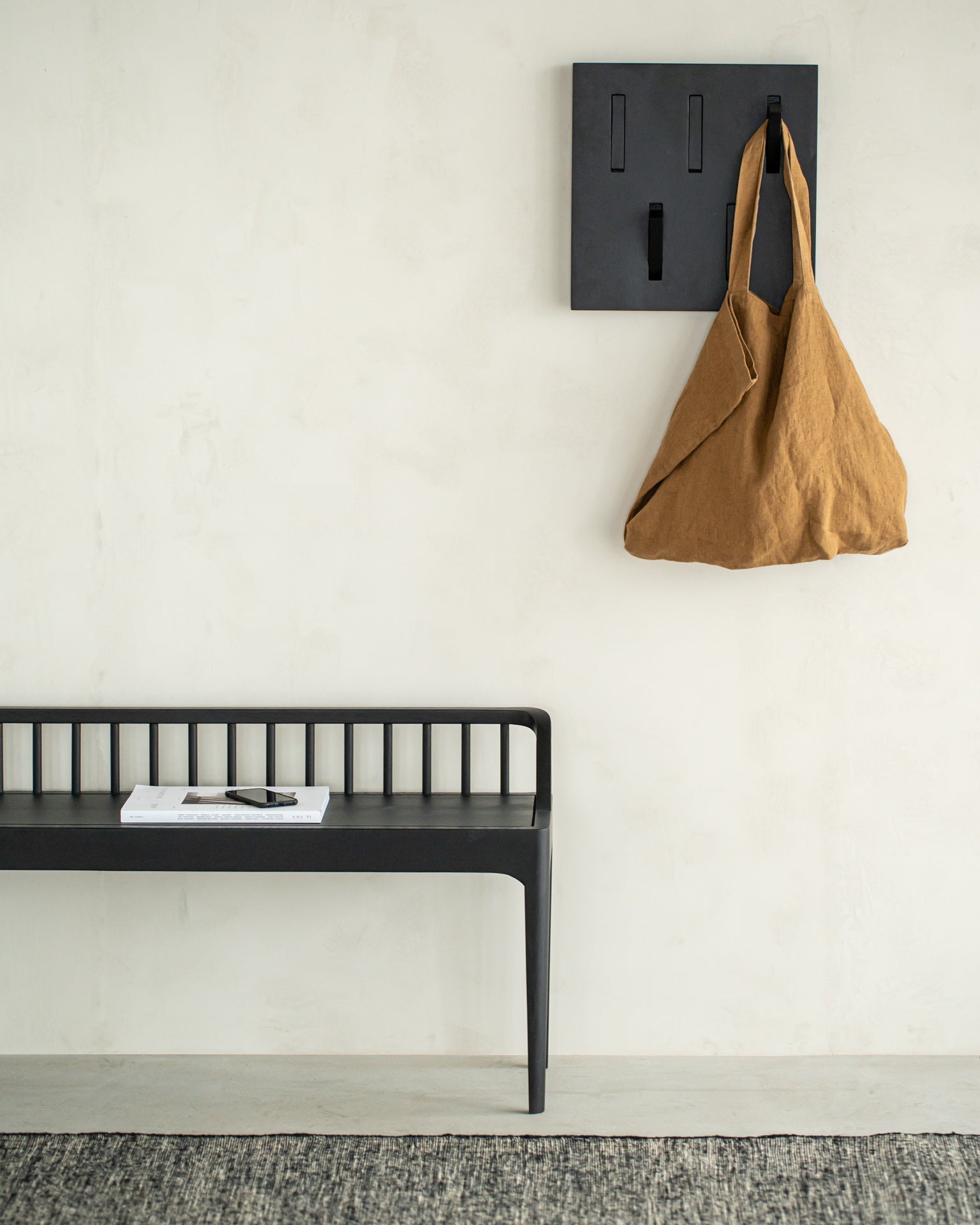 Utilitile wall hanger - varnished oak - black - 5 hangers White Cliff Studio Coat Hooks