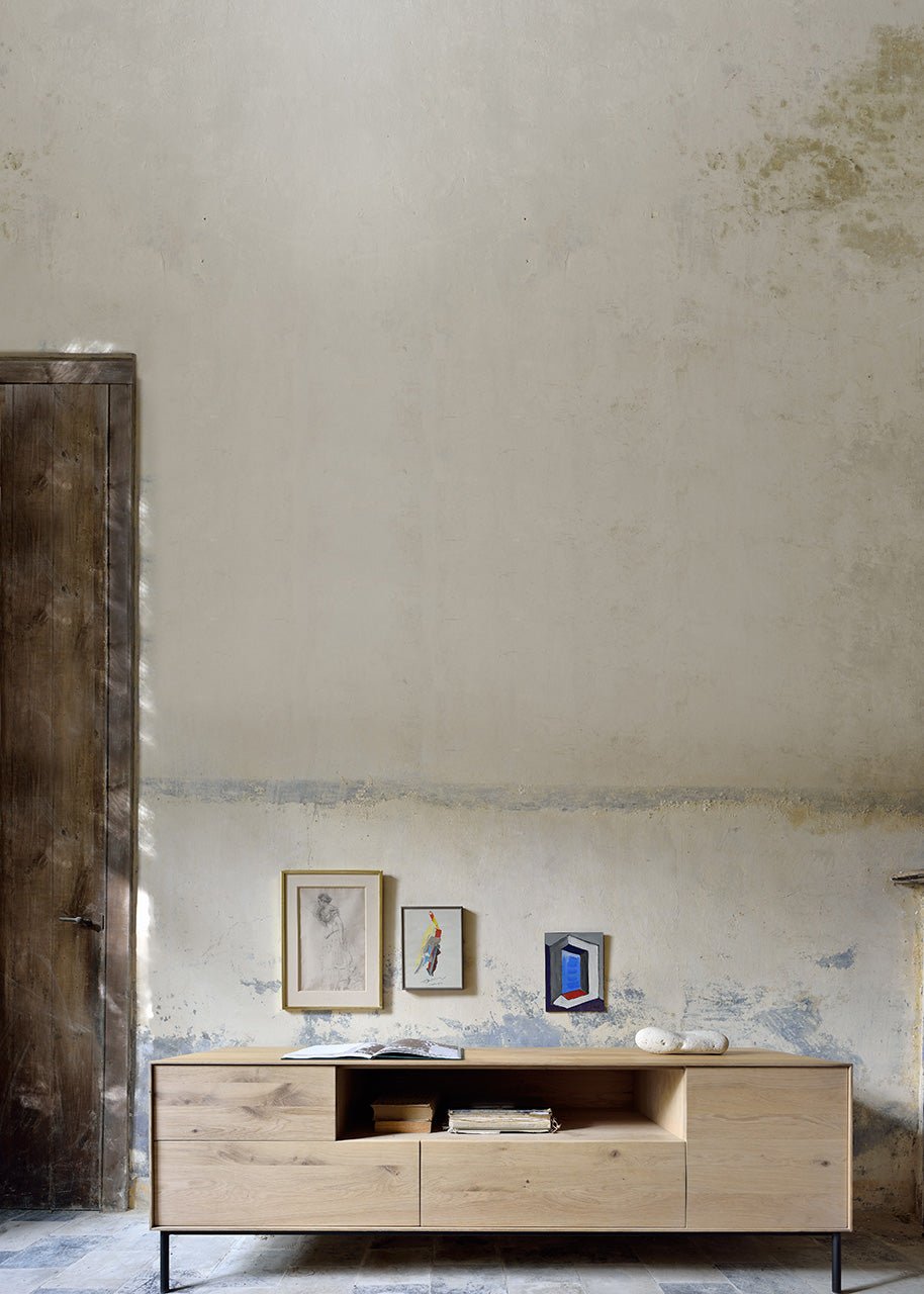 Whitebird TV cupboard - varnished oak - 1 door - 1 flip - down door - 2 drawers White Cliff Studio Media Console