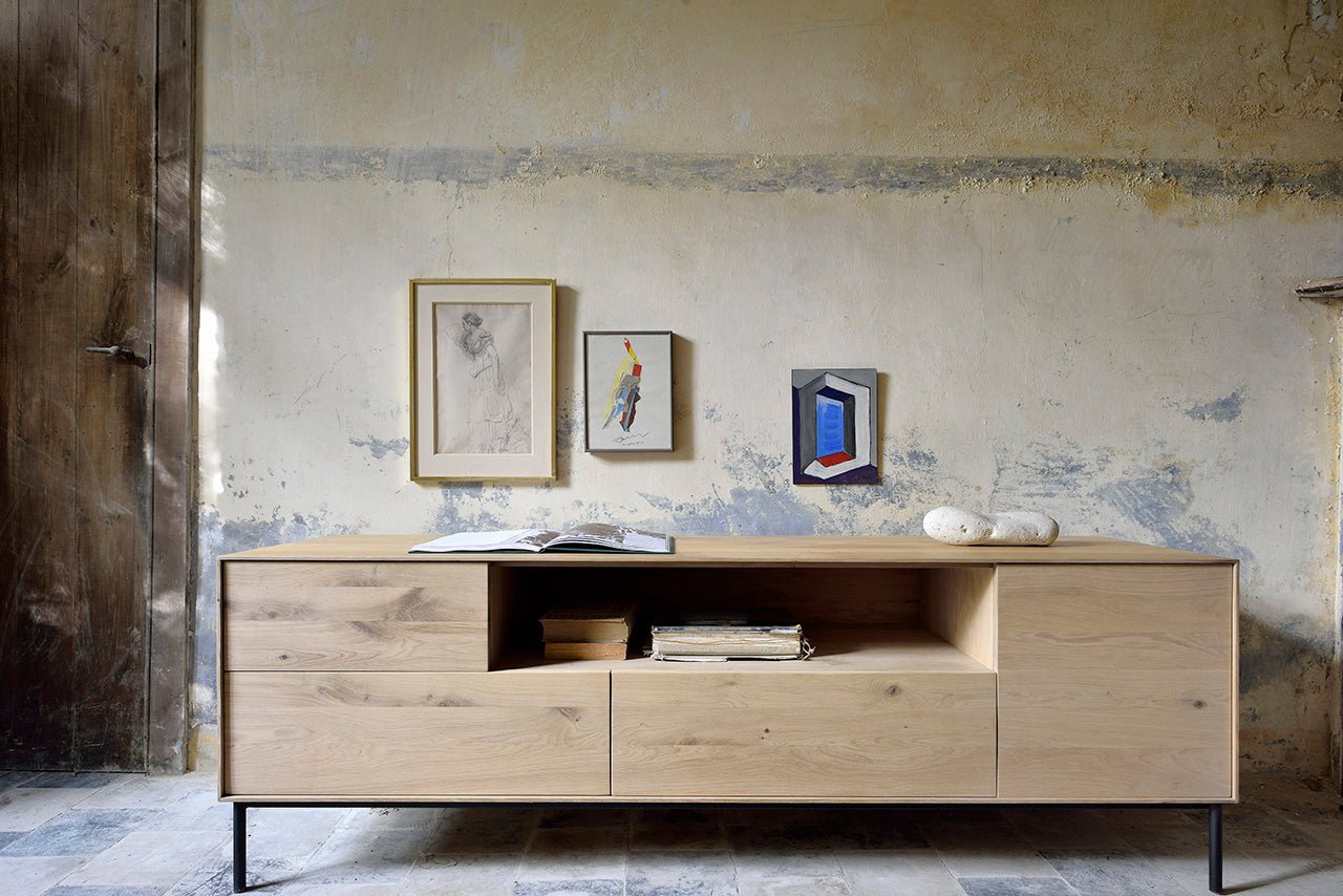 Whitebird TV cupboard - varnished oak - 1 door - 1 flip - down door - 2 drawers White Cliff Studio Media Console