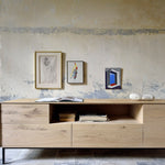 Whitebird TV cupboard - varnished oak - 1 door - 1 flip - down door - 2 drawers White Cliff Studio Media Console