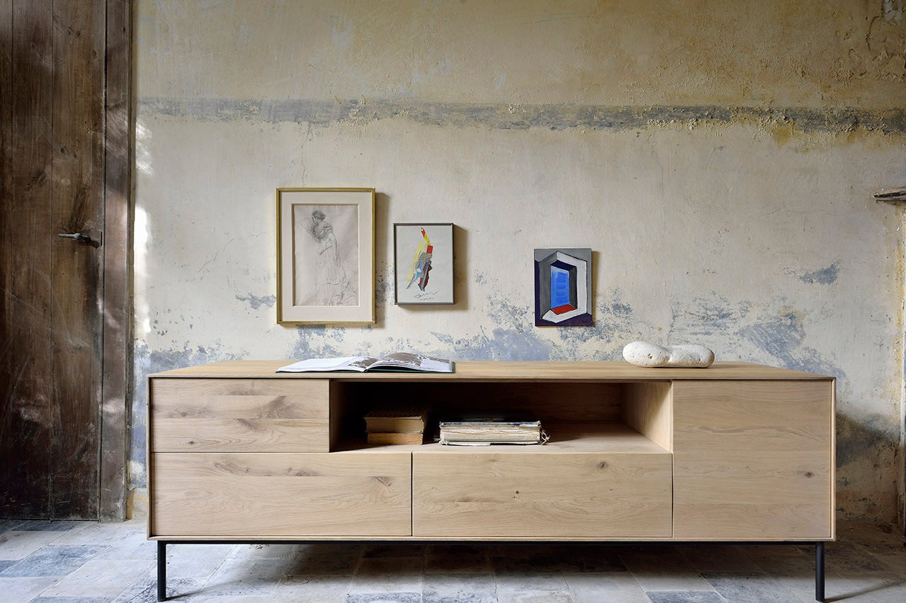 Whitebird TV cupboard - varnished oak - 1 door - 1 flip - down door - 2 drawers White Cliff Studio Media Console