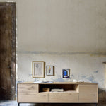 Whitebird TV cupboard - varnished oak - 1 door - 1 flip - down door - 2 drawers White Cliff Studio Media Console